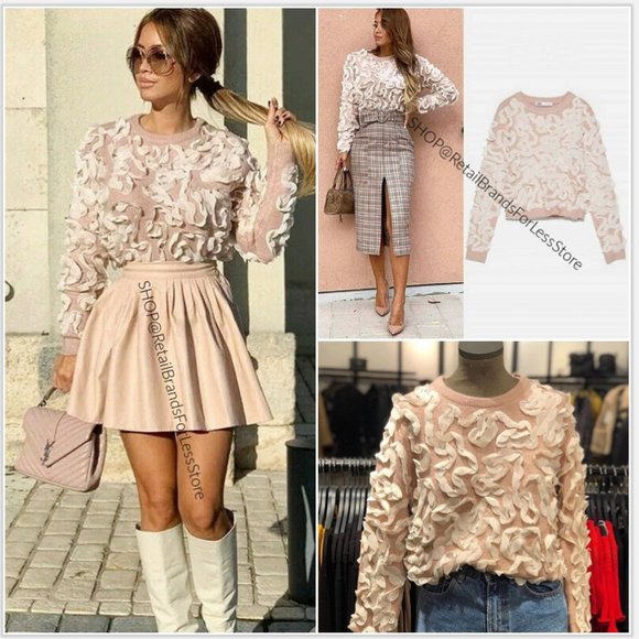 ZARA RIBBON ORGANZA CHIFFON DUSTY PINK KNIT CONTRASTING TRIM SWEATER $69.90 - Picture 7 of 14